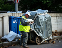 Waste pickup team beside collection truck